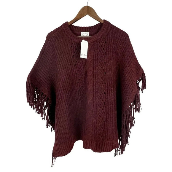 Wonderly Sweaters - Wonderly Knit Navy Maroon Poncho Sweater Top Size S/M Fringe NWT